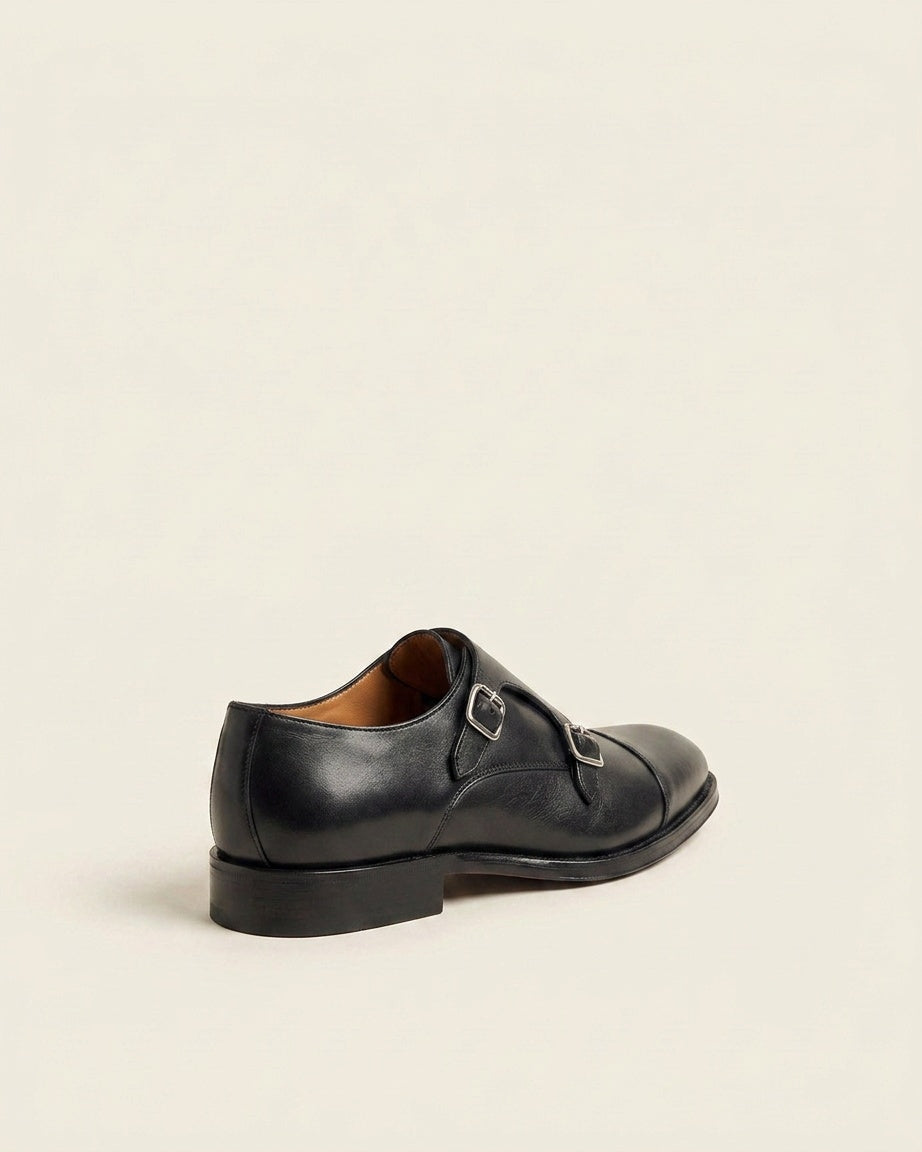 Black Leather Double Monk Strap Shoes