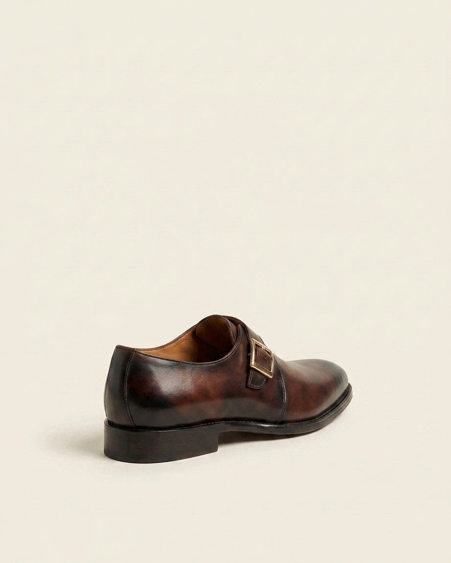 Brown Burnished Leather Single Monk Strap Shoes – Classic Buckle Formal Shoes