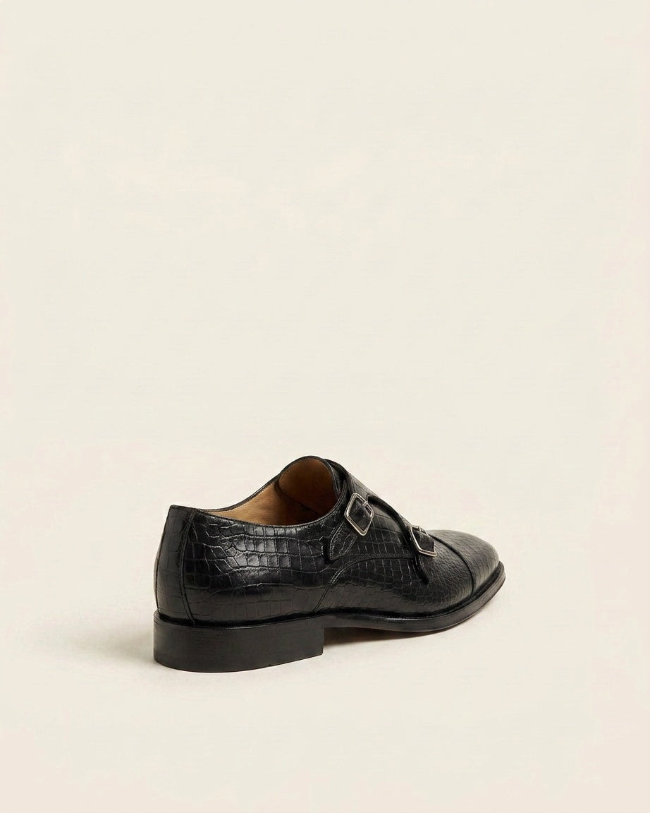 Black Croc-Texture Double Monk Strap Dress Shoes – Premium Leather Formal Shoes