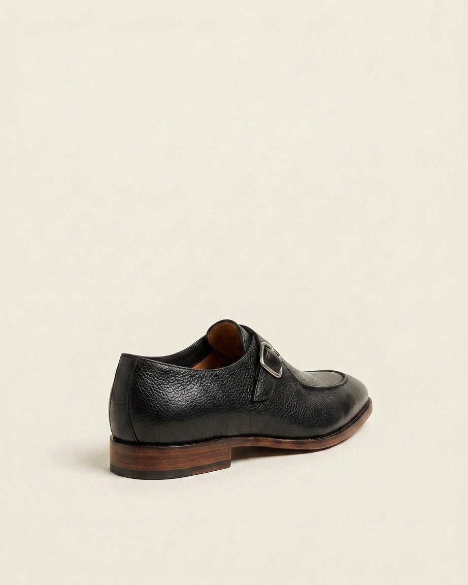 Black Textured Leather Monk Strap Shoes