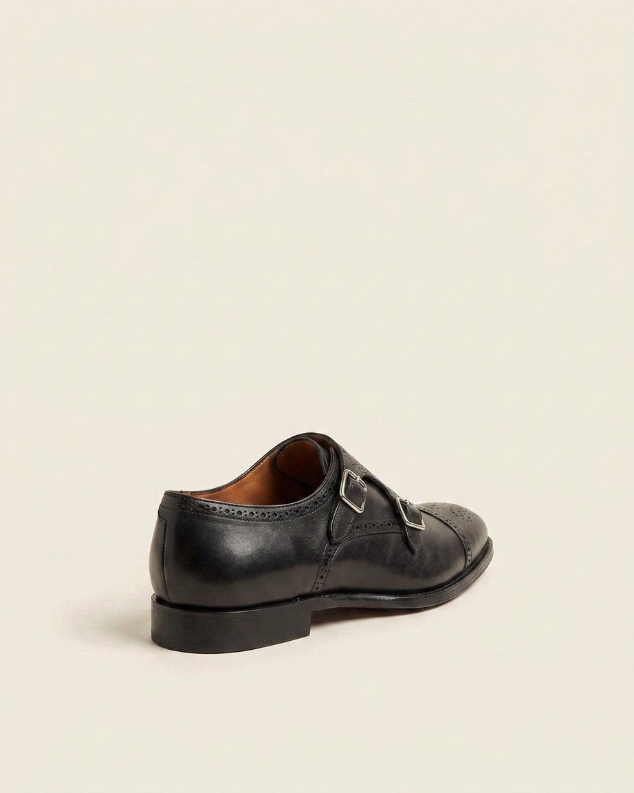 Men’s Black Double Monk Strap Brogue Leather Shoes – Premium Formal Dress Shoes