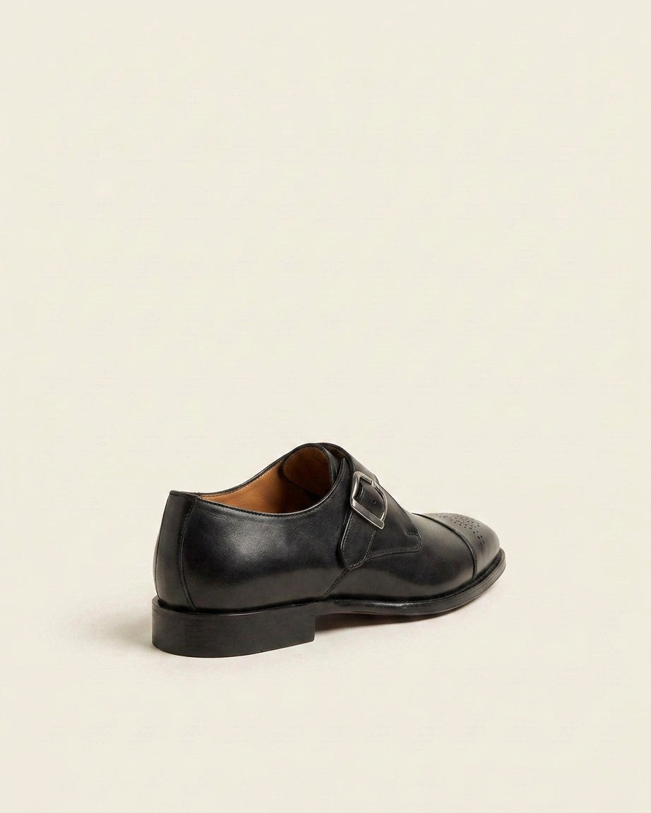 Men’s Black Single Monk Strap Leather Shoes – Elegant Brogue Cap Toe Formal Shoes