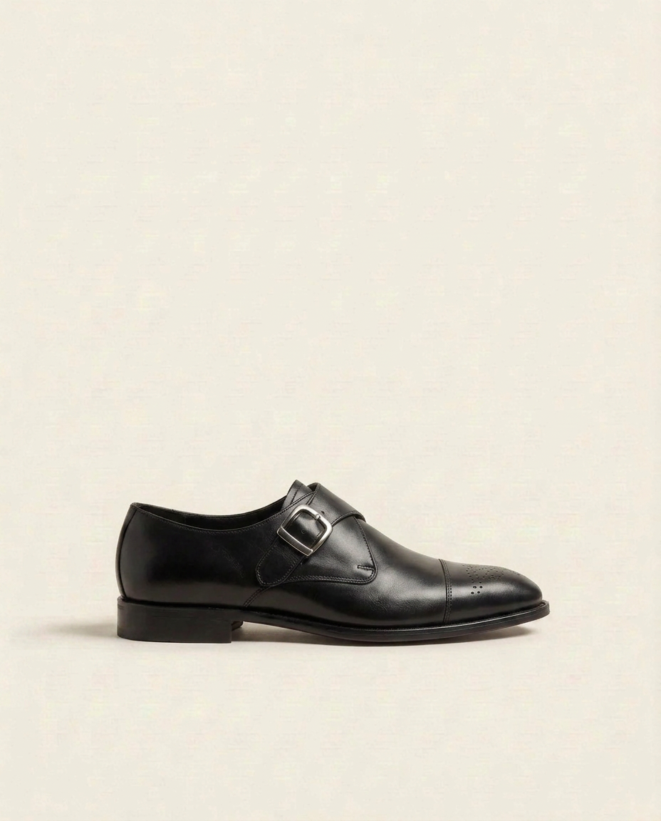 Men’s Black Single Monk Strap Leather Shoes – Elegant Brogue Cap Toe Formal Shoes