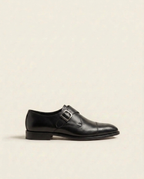Men’s Black Single Monk Strap Leather Shoes – Elegant Brogue Cap Toe Formal Shoes