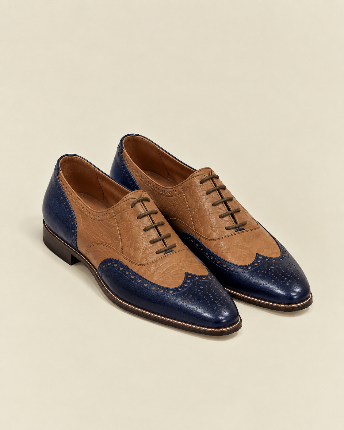 Men’s Navy Blue & Tan Leather Brogue Oxford Shoes – Wingtip Dress Shoes | Grandeur Man
