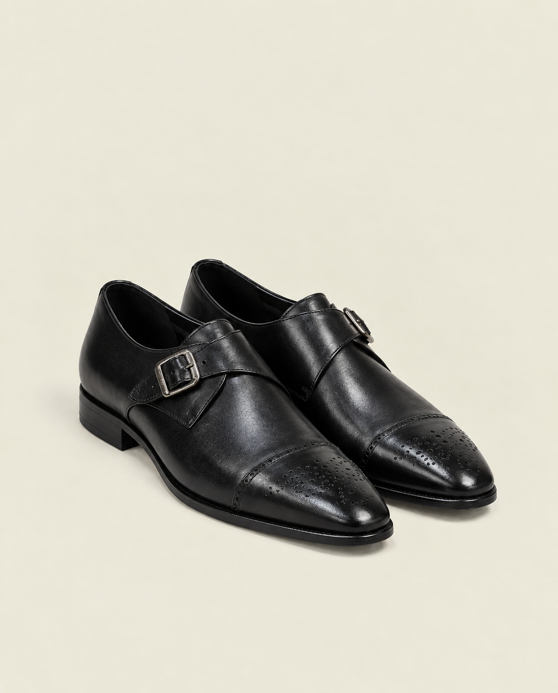 Men’s Black Brogue Single Monk Leather Shoes | Grandeur Man