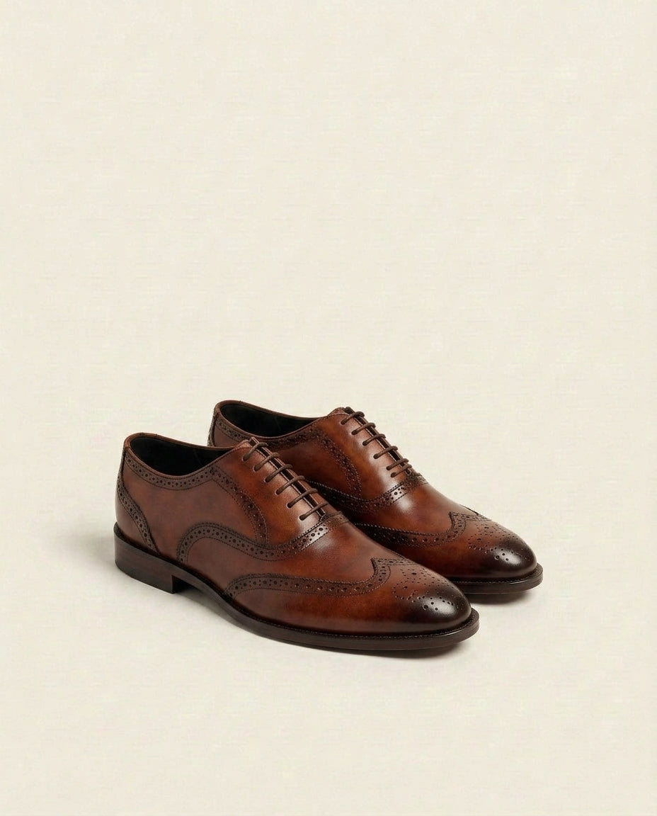 Men’s Burnished Brown Wingtip Brogue Oxford Shoes – Genuine Leather Formal Dress Lace-Up Shoes