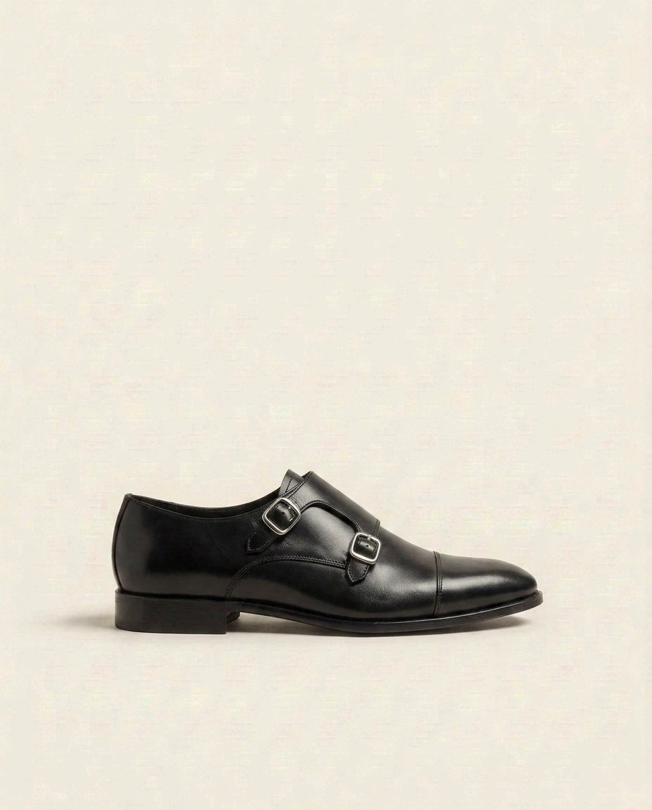Black Leather Double Monk Strap Shoes