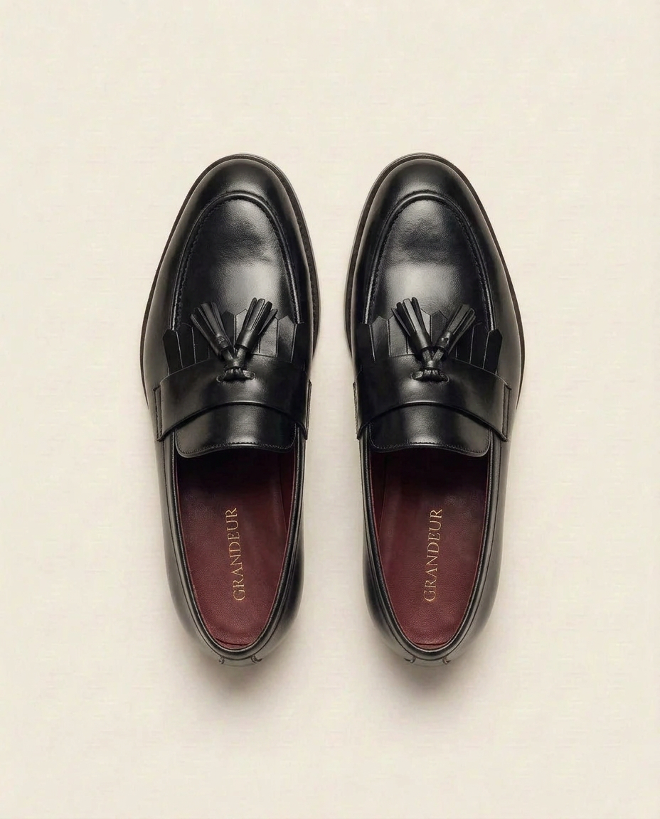 Black Leather Tassel Loafers for Men – Classic Formal Slip-On Shoes