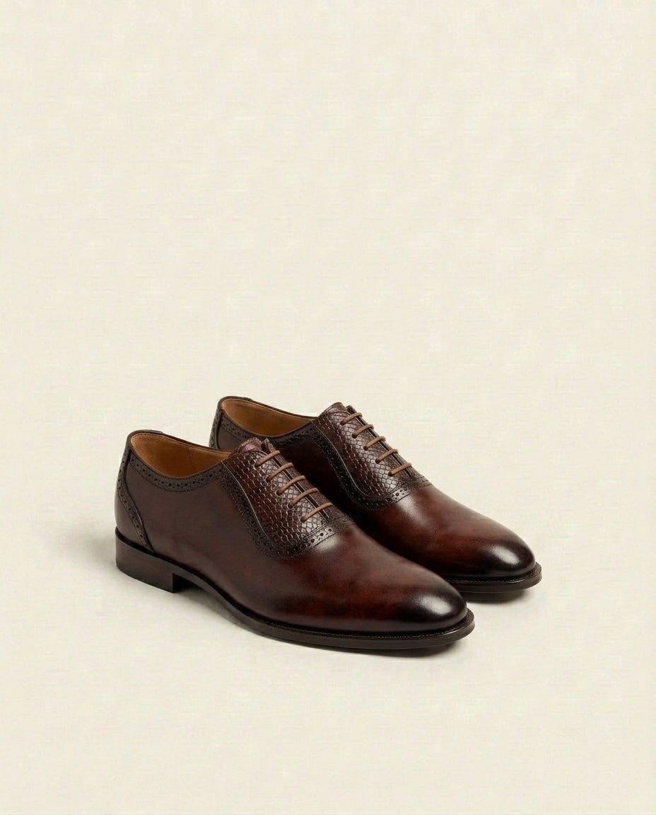 Men’s Brown Textured Panel Oxford Shoes – Leather Lace-Up Formal Dress Shoes