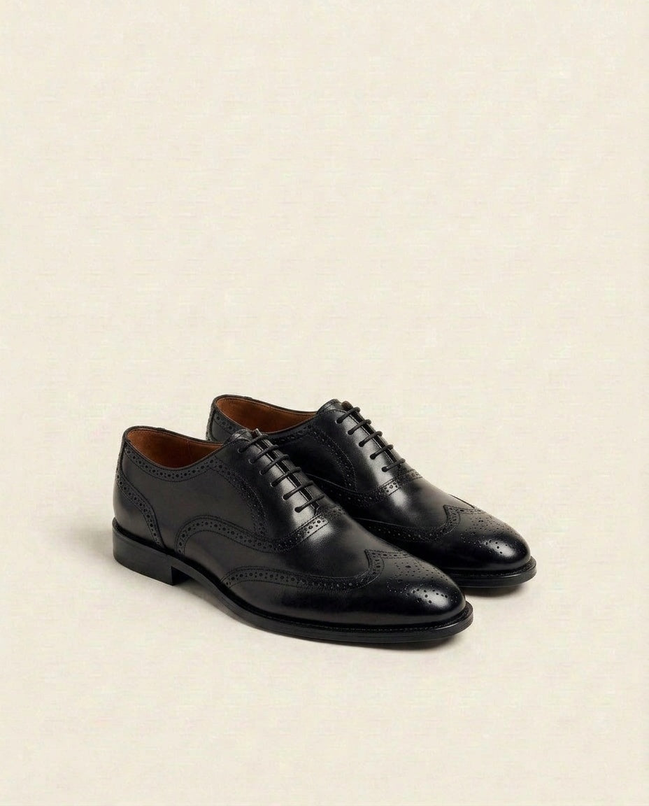 Premium Black Leather Brogue Oxford Shoes with Tan Interior – Classic Formal Dress Shoes for Men