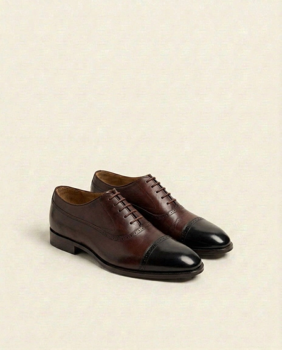 Black & Burgundy Cap-Toe Oxford Shoes – Dual Tone Leather Formal Lace-Up