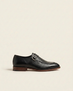 Black Textured Leather Monk Strap Shoes