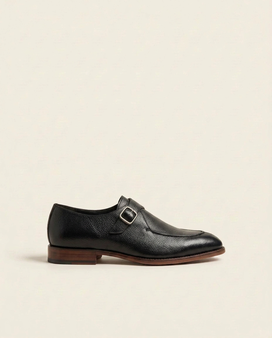 Black Textured Leather Monk Strap Shoes