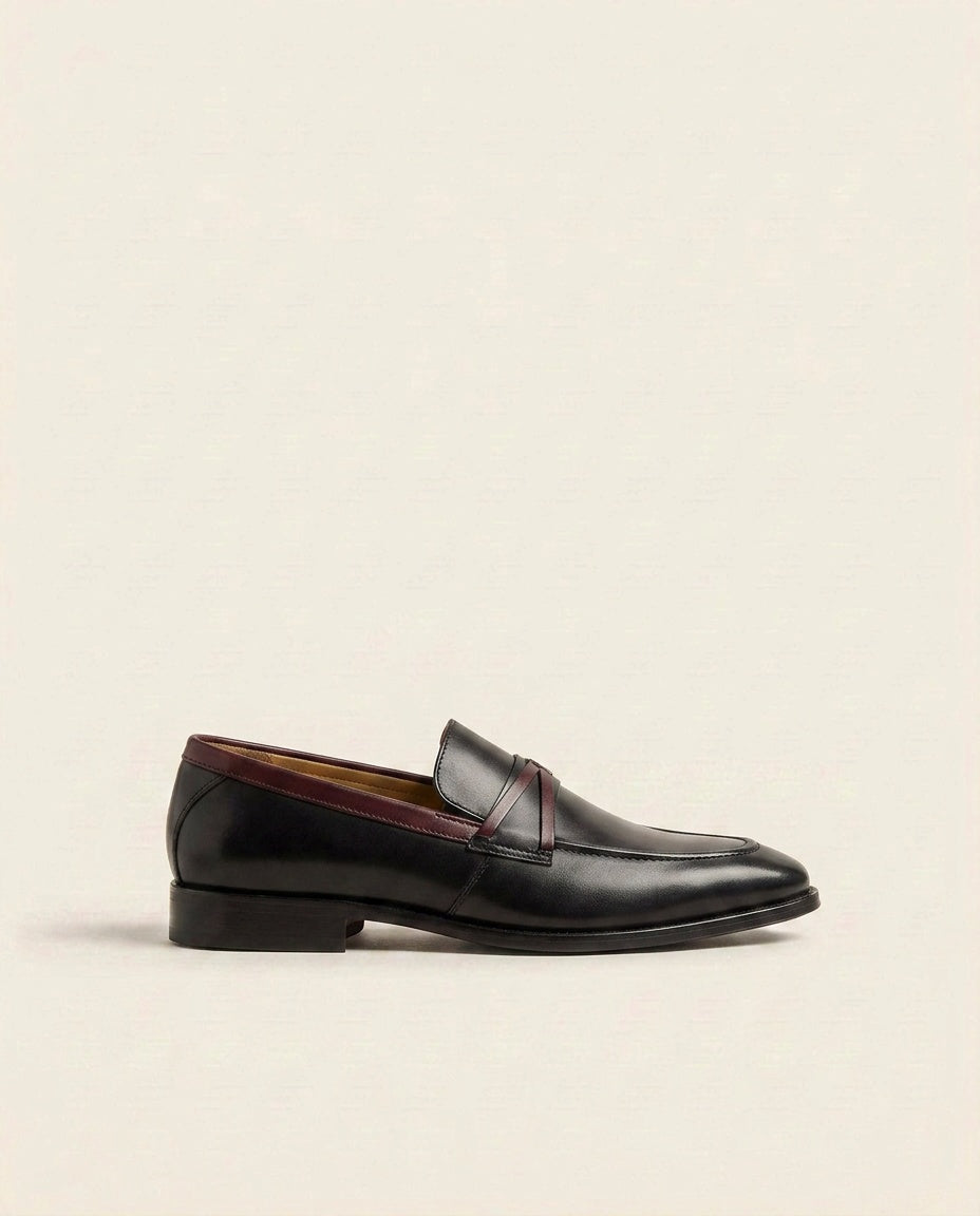 Black Leather Loafers with Contrast Strap – Modern Formal Slip-On Shoes