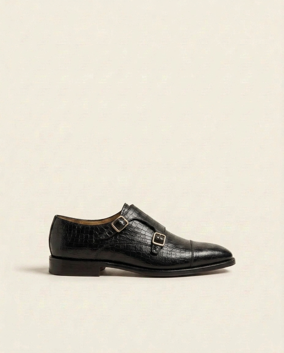 Black Croc-Texture Double Monk Strap Dress Shoes – Premium Leather Formal Shoes