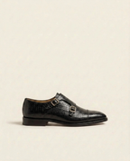 Black Croc-Texture Double Monk Strap Dress Shoes – Premium Leather Formal Shoes