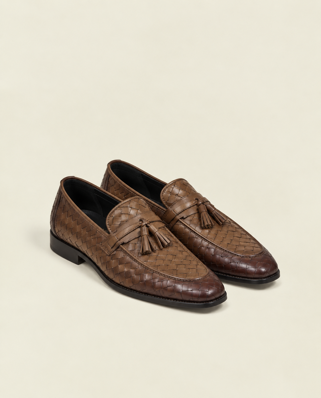 Men's Brown Woven Leather Tassel Loafers – Classic Slip-On Dress Shoes