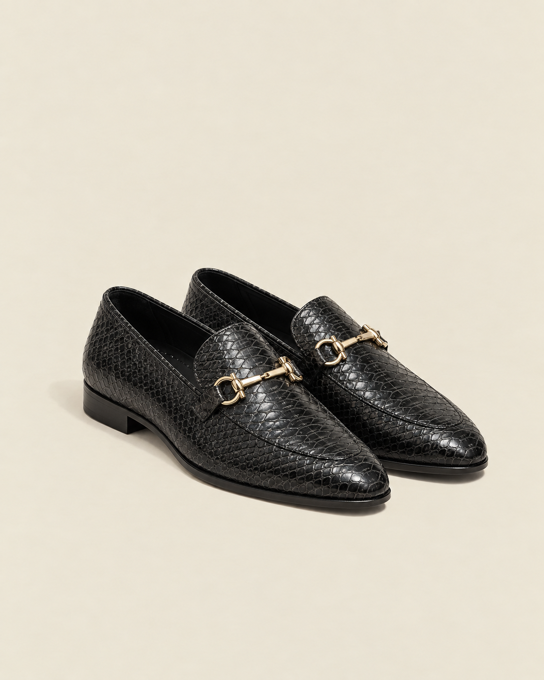 Black Crocodile-Pattern Horsebit Loafers