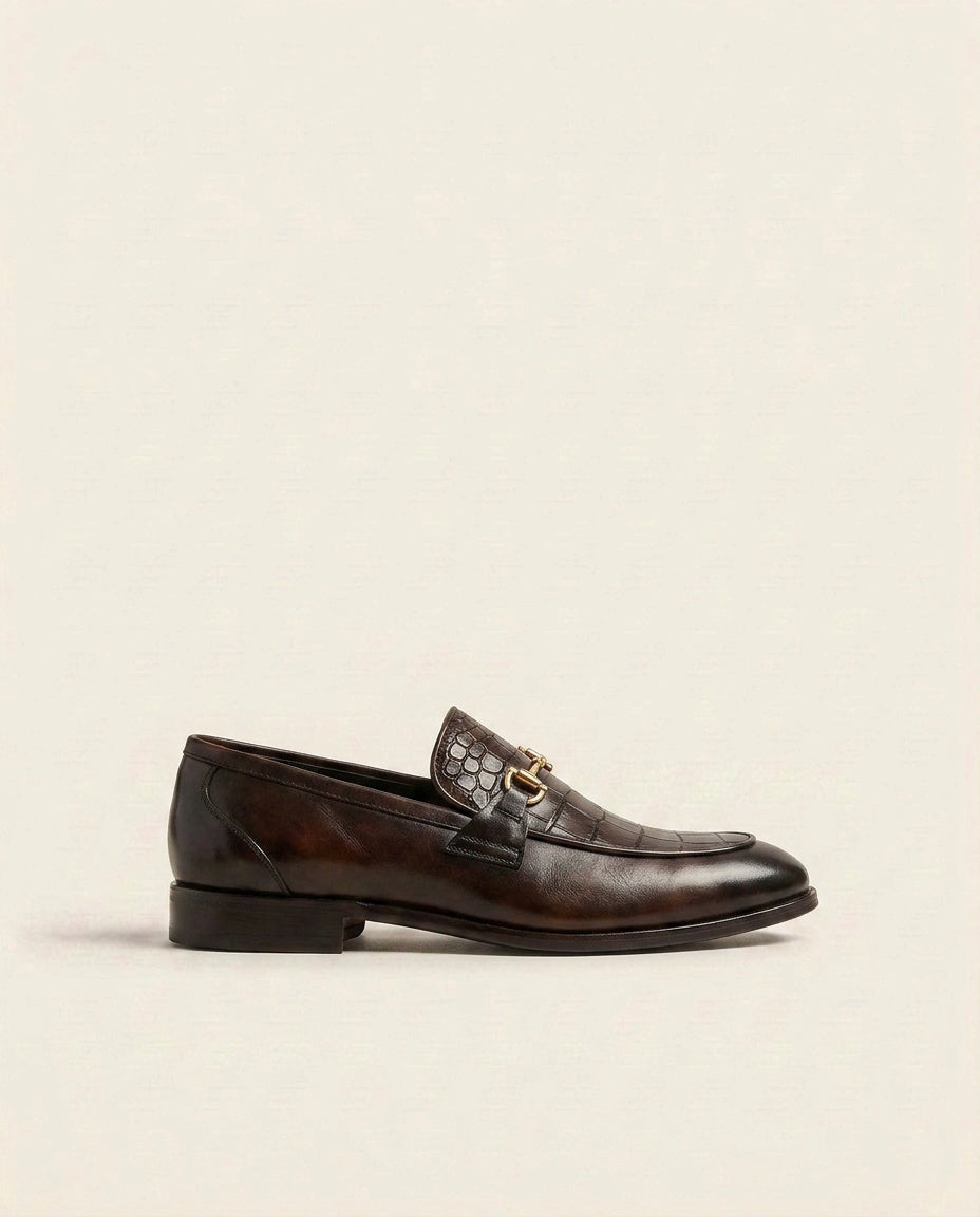 Brown Croc-Textured Leather Horsebit Loafers