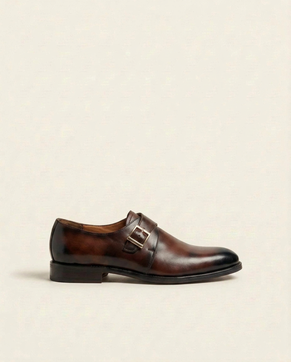 Brown Burnished Leather Single Monk Strap Shoes – Classic Buckle Formal Shoes