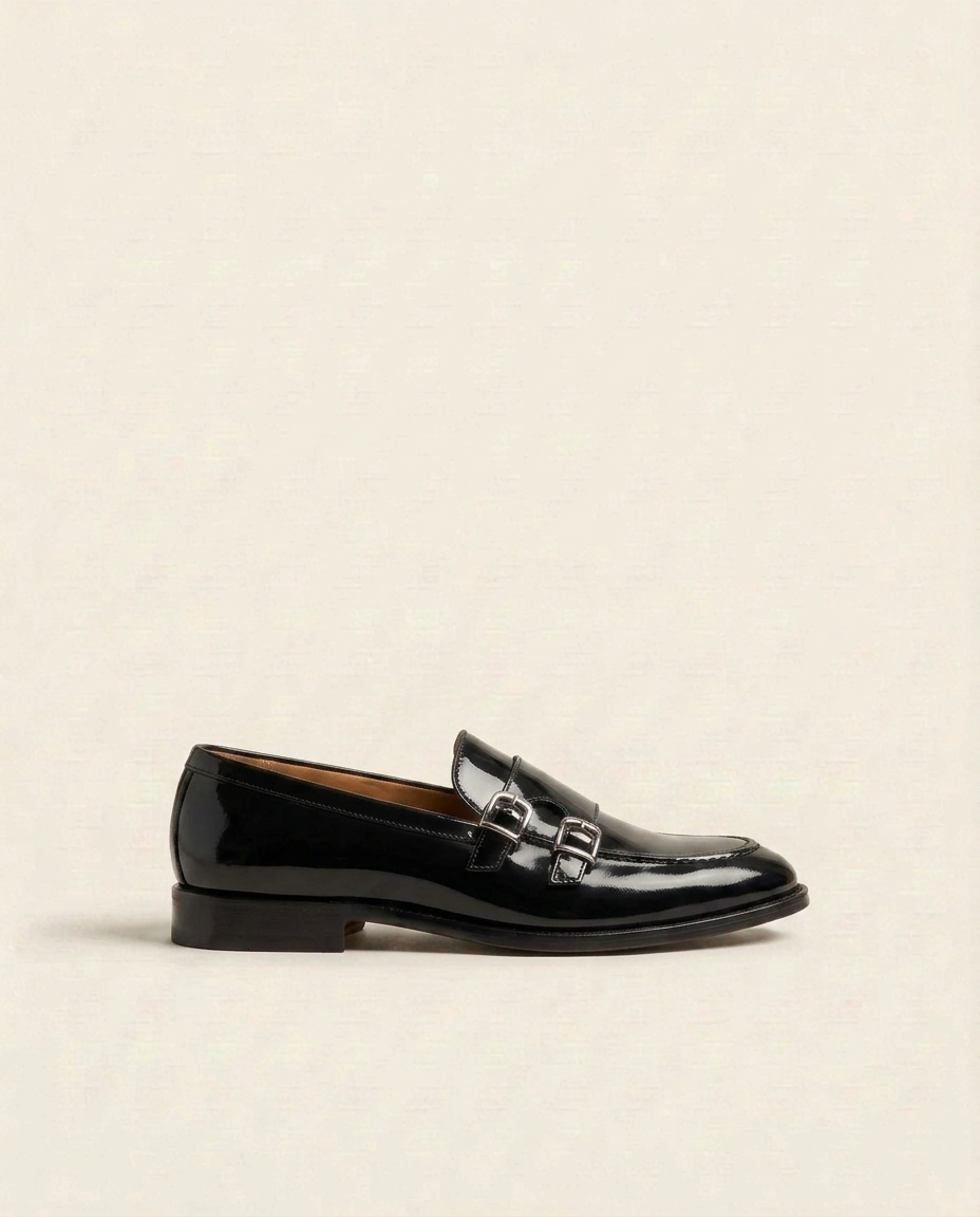 Black Patent Leather Double Monk Strap Loafers
