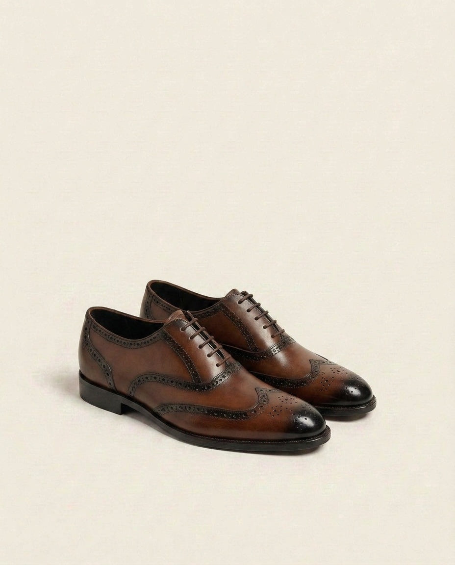 Brown Wingtip Brogue Oxford Shoes – Burnished Leather Formal Lace-Ups