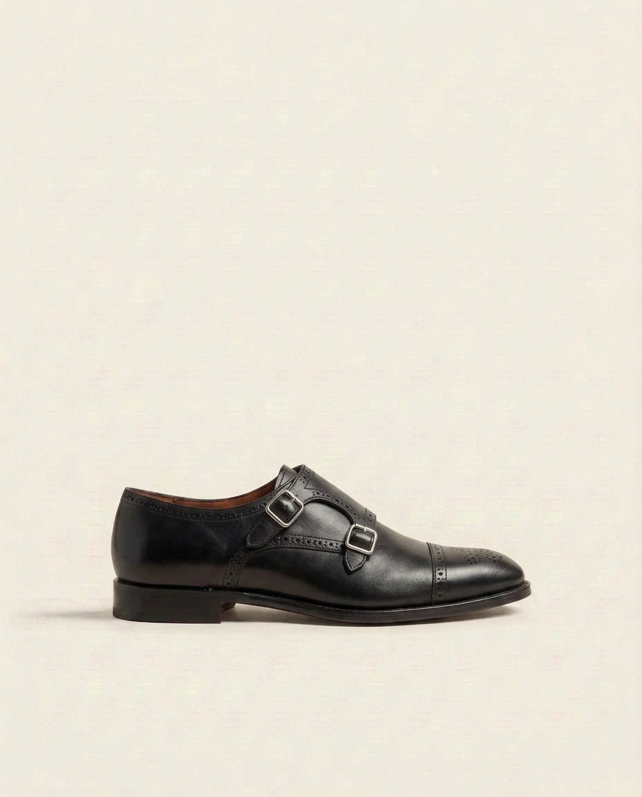 Men’s Black Double Monk Strap Brogue Leather Shoes – Premium Formal Dress Shoes