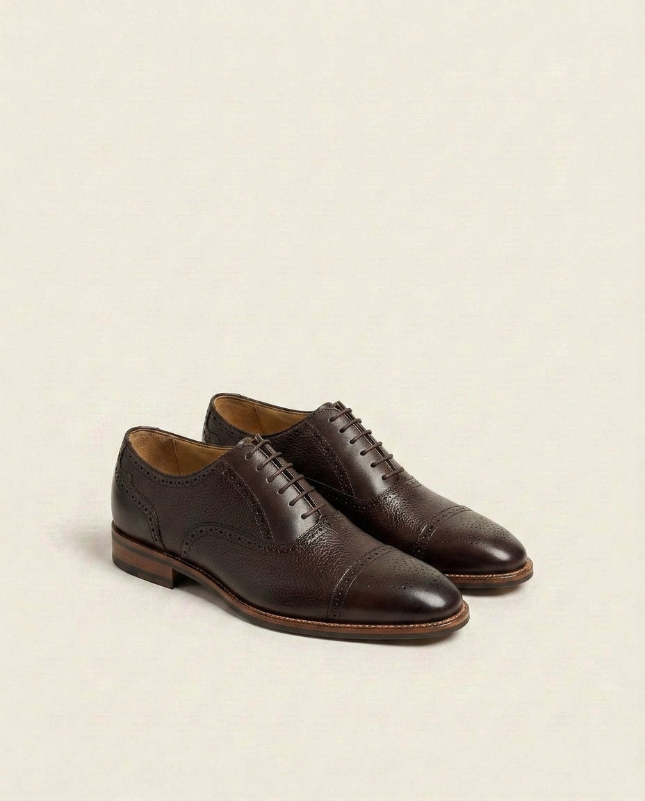 Brown Textured Cap-Toe Oxford Shoes