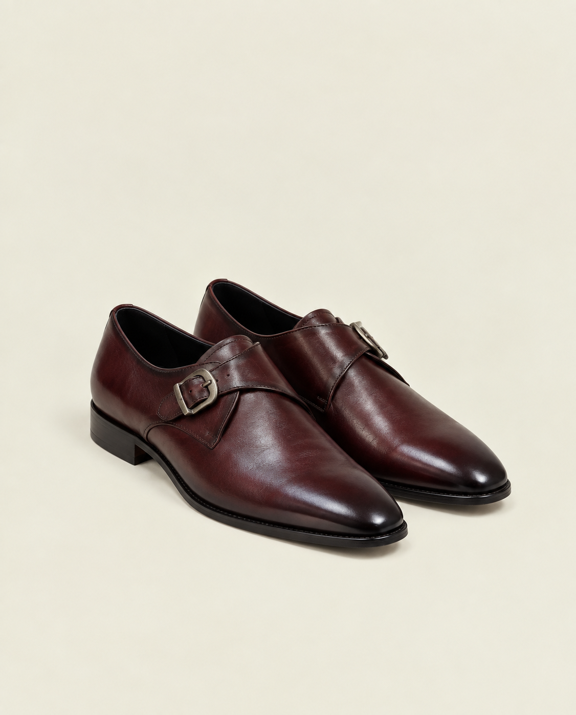 Men’s Burgundy Leather Single Monk Strap Shoes | Grandeur Man