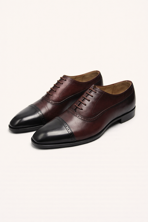 Black & Burgundy Cap-Toe Oxford Shoes – Dual Tone Leather Formal Lace-Up