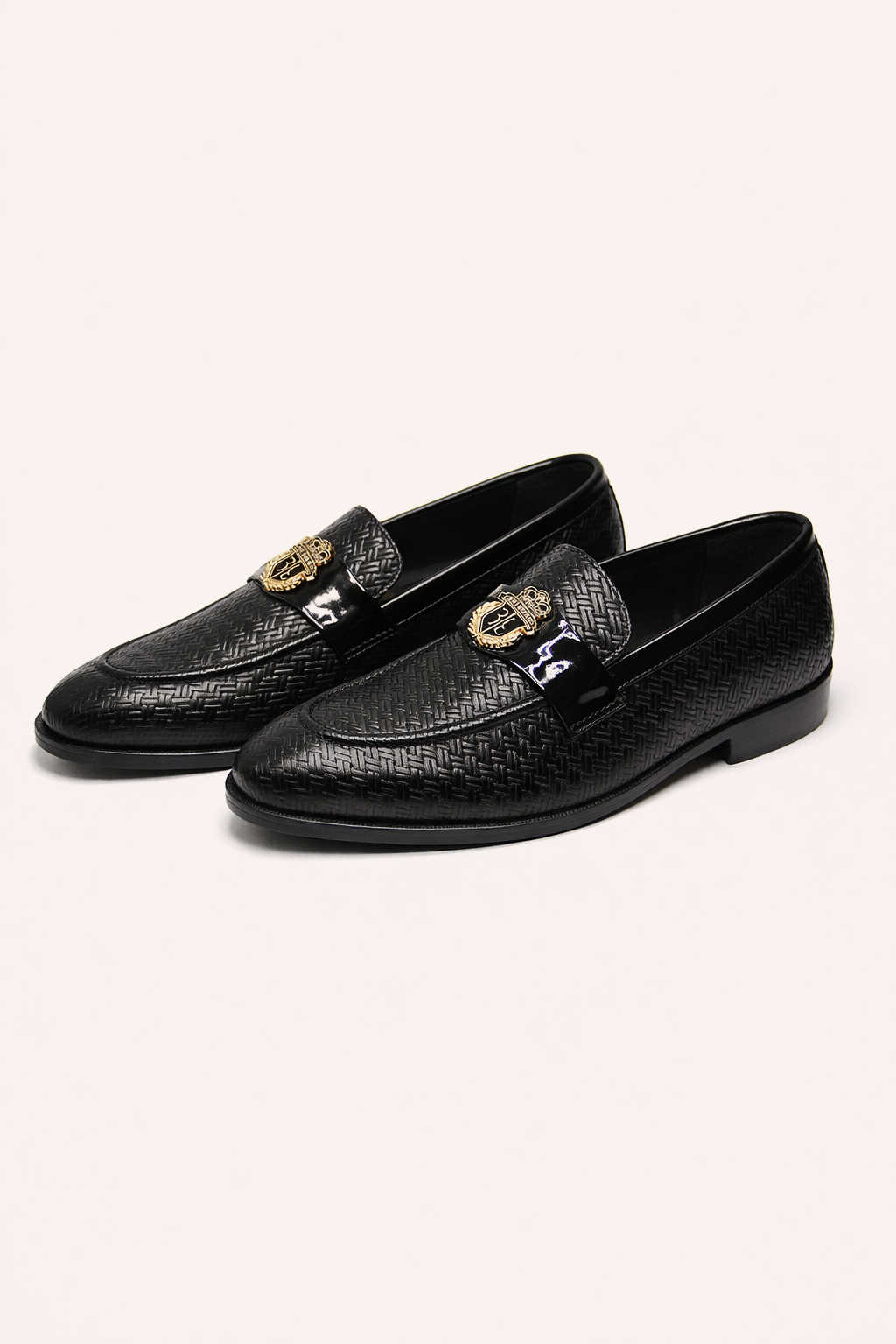 Black Textured Leather Loafers with Metal Crest – Luxury Formal Slip-On Shoes
