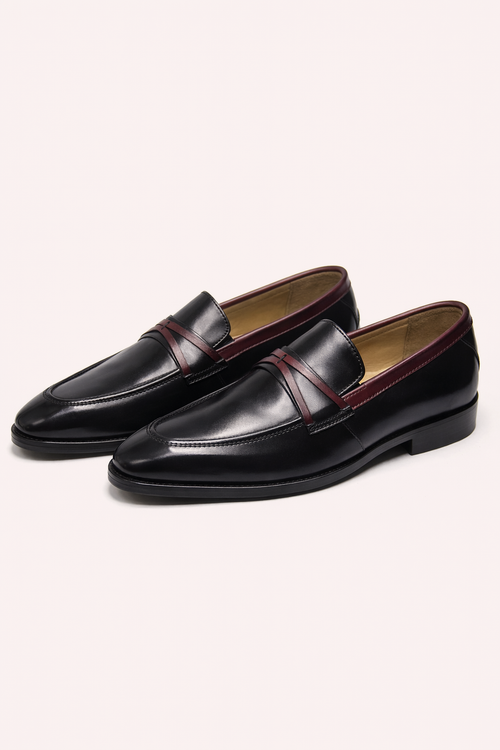 Black Leather Loafers with Contrast Strap – Modern Formal Slip-On Shoes