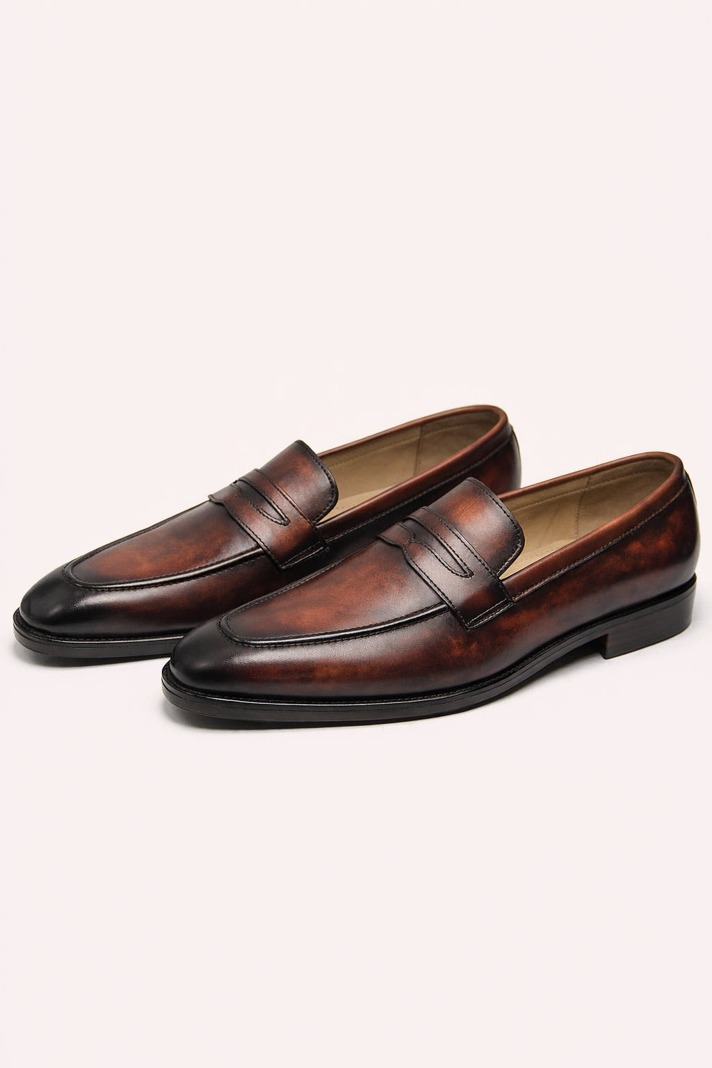 Men’s Premium Brown Burnished Leather Penny Loafers – Classic Formal Slip-On Shoes