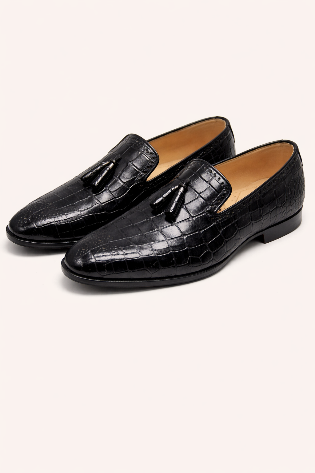 Men’s Black Croc-Embossed Tassel Loafers – Premium Leather Slip-On Formal Dress Shoes