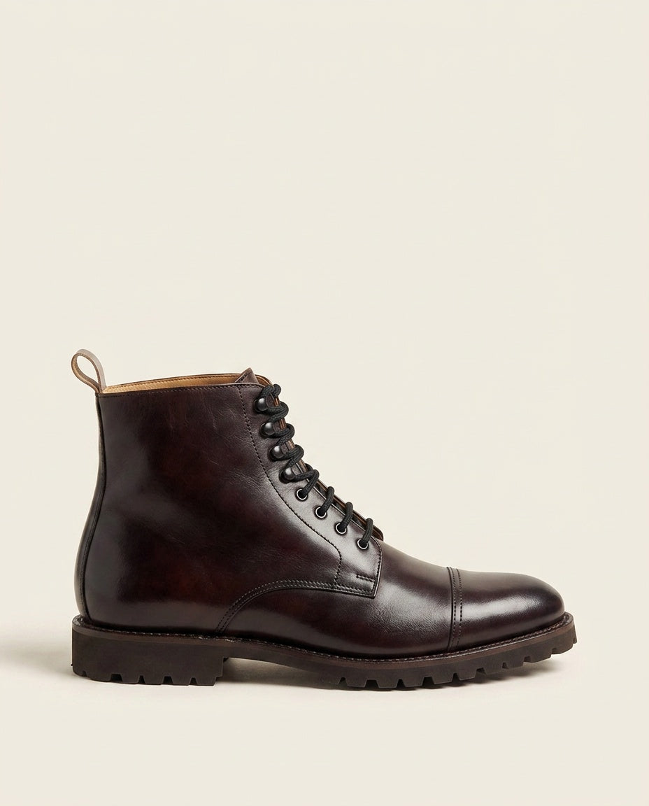 Dark Brown Leather Cap-Toe Lace-Up Boots