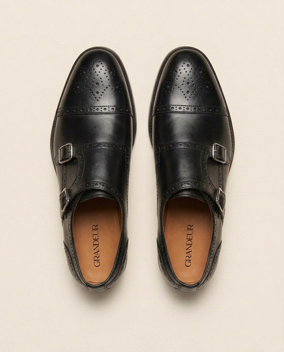 Men’s Black Double Monk Strap Brogue Leather Shoes – Premium Formal Dress Shoes