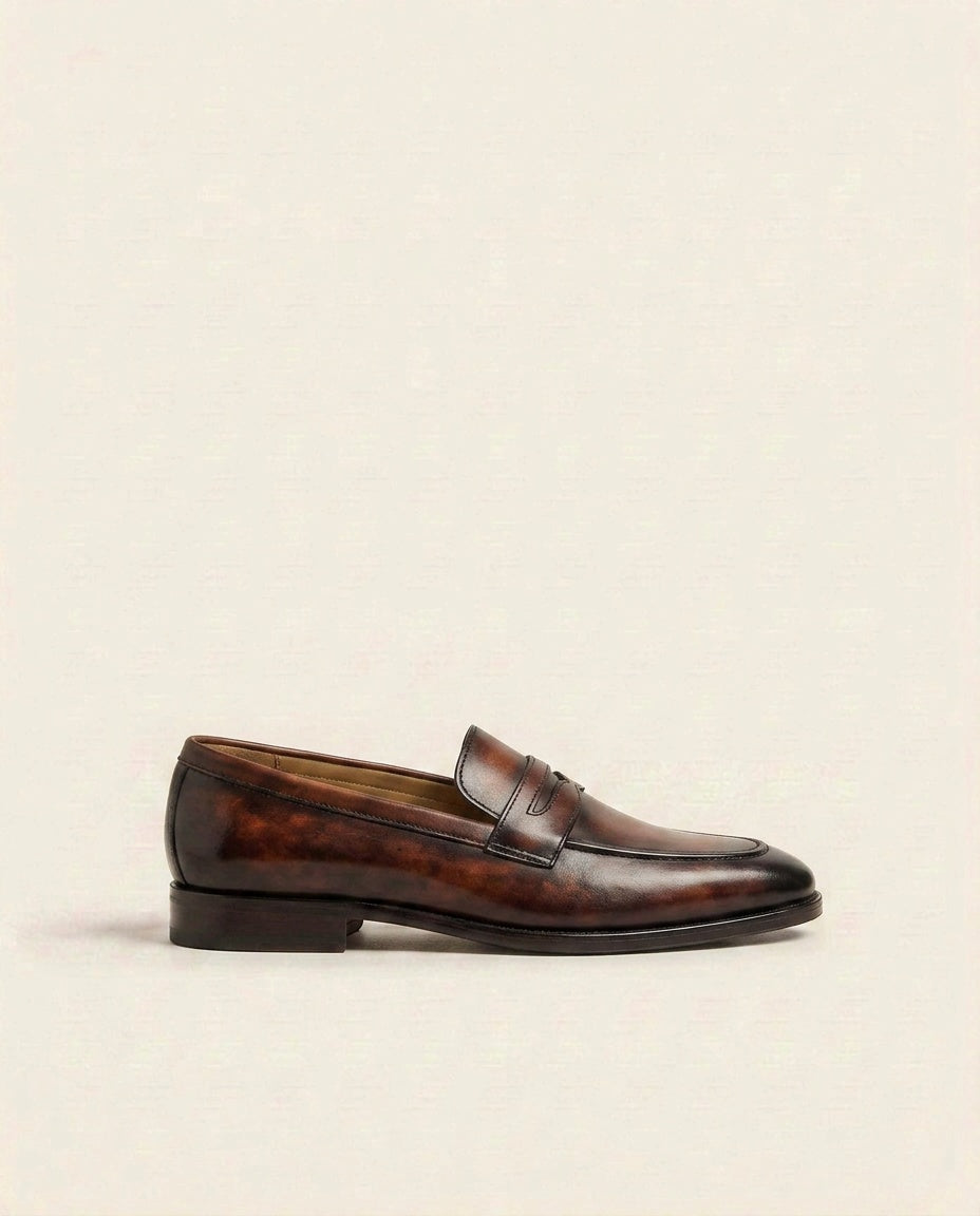 Men’s Premium Brown Burnished Leather Penny Loafers – Classic Formal Slip-On Shoes