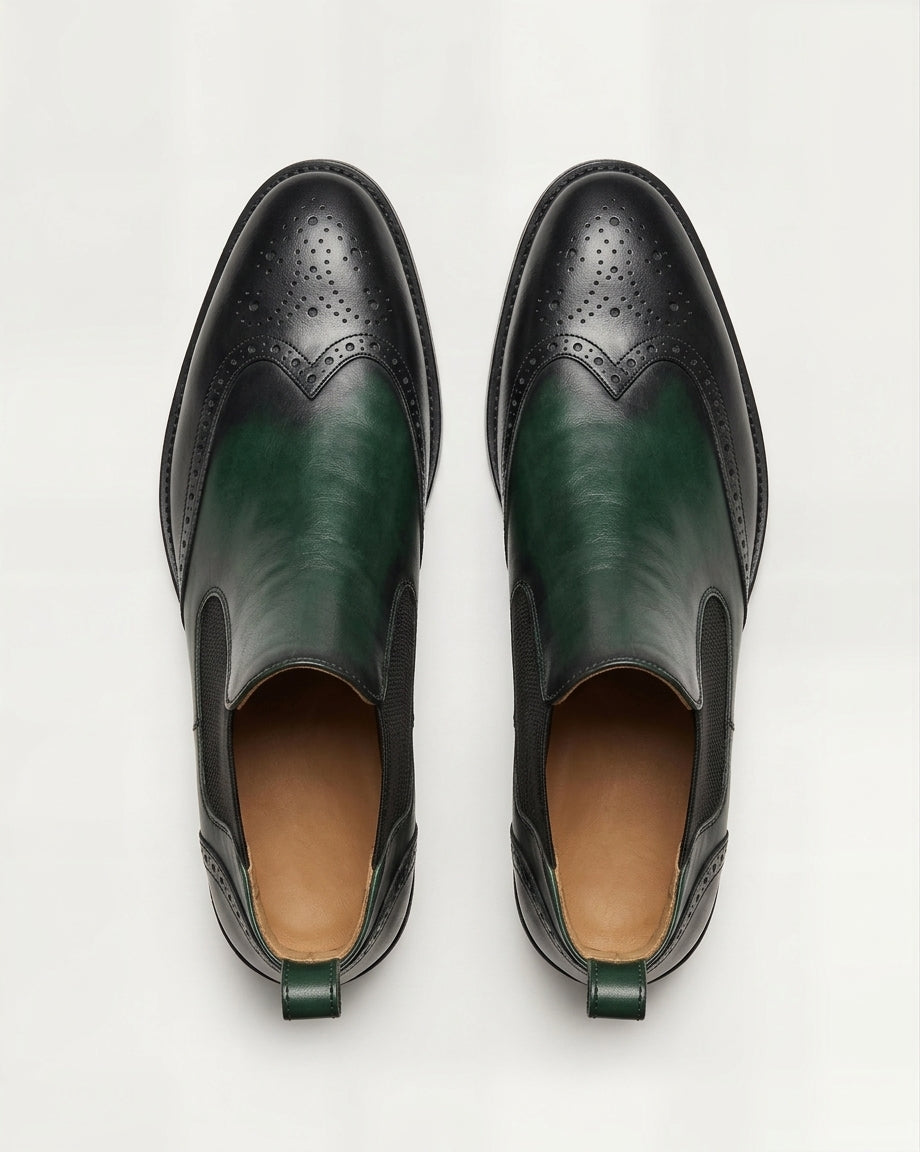 Green and Black Leather Chelsea Boots with Brogue Detailing – Stylish Ankle Boots for Men