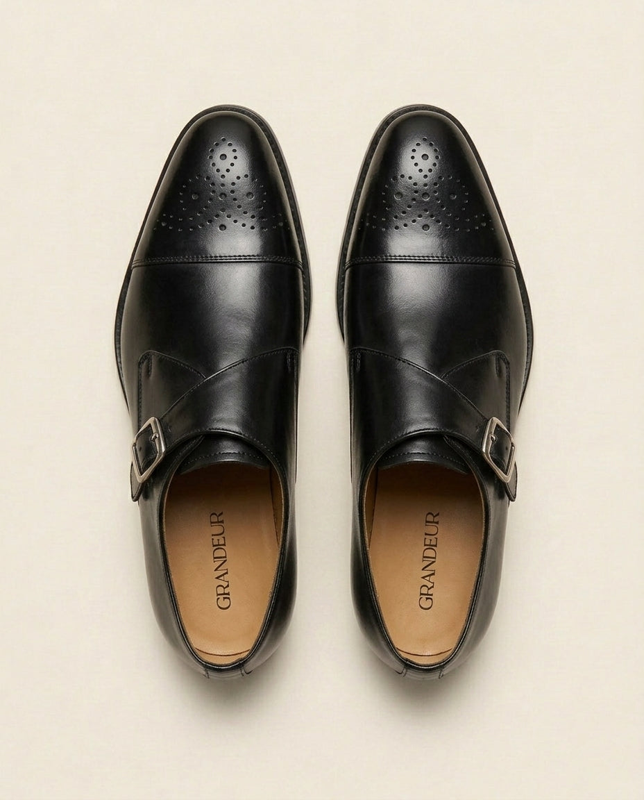 Men’s Black Single Monk Strap Leather Shoes – Elegant Brogue Cap Toe Formal Shoes