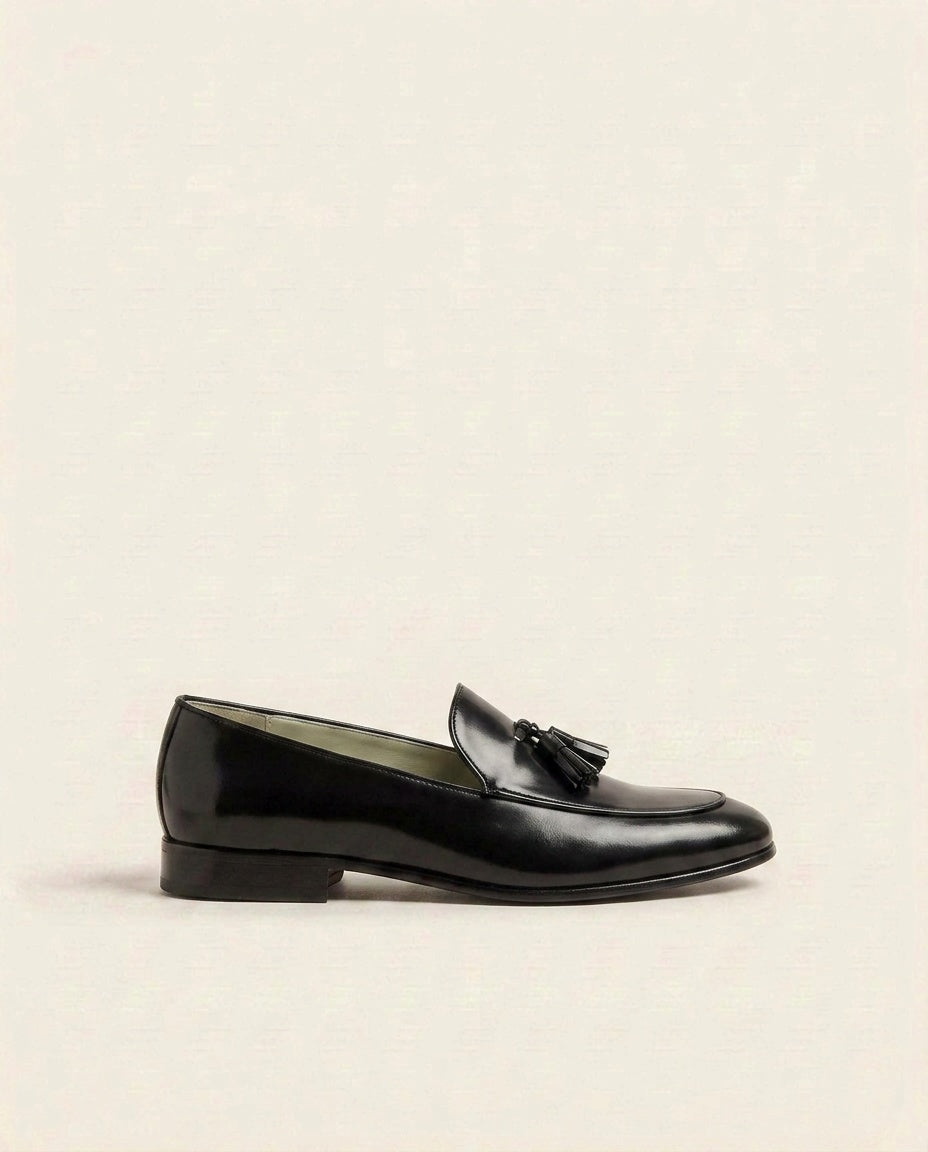 Men’s Black Leather Tassel Loafers – Classic Formal Slip-On Dress Shoes