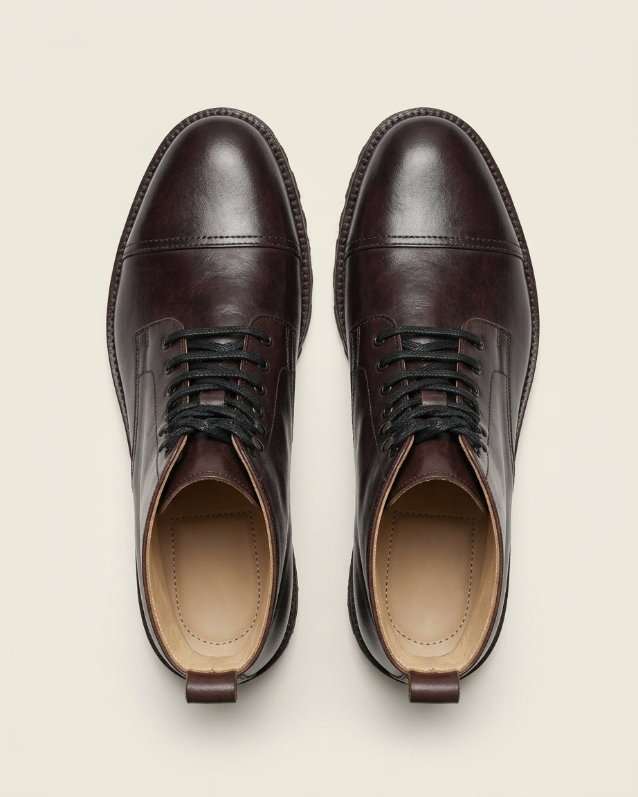 Dark Brown Leather Cap-Toe Lace-Up Boots