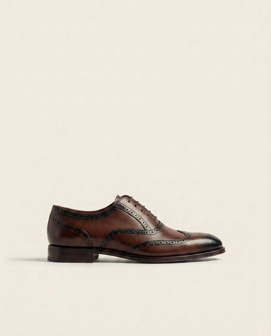 Brown Wingtip Brogue Oxford Shoes – Burnished Leather Formal Lace-Ups