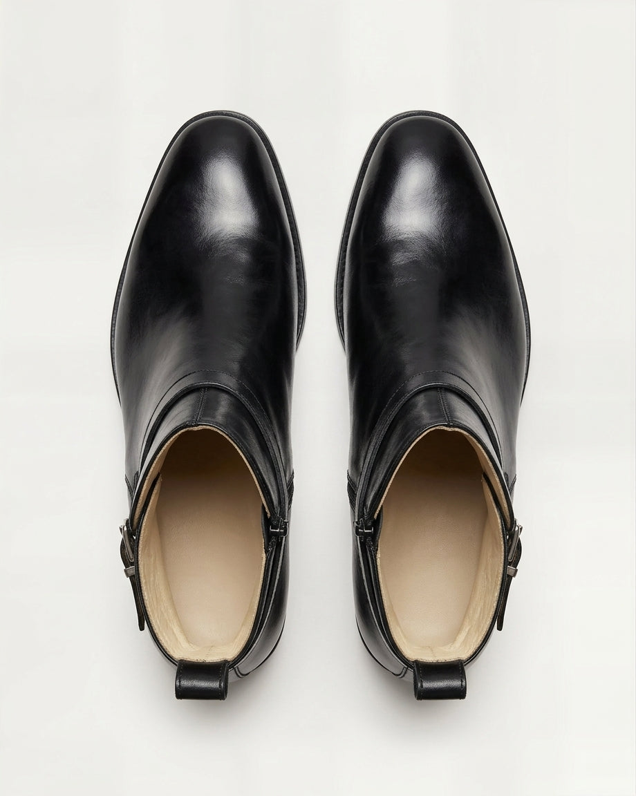 Black Leather Monk Strap Ankle Boots – Elegant Buckle Boots for Formal Wear