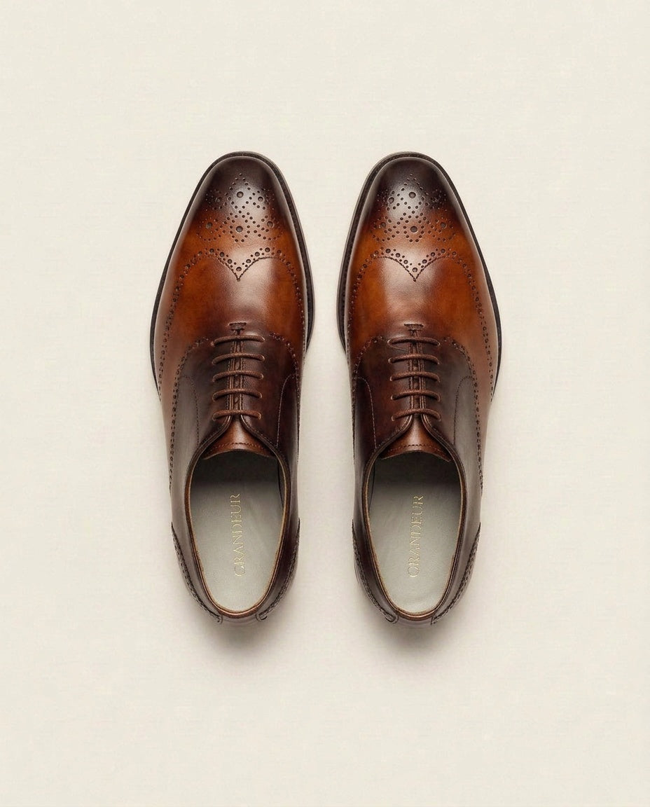 Men’s Brown Full Brogue Wingtip Oxford Shoes – Hand-Finished Leather Dress Shoes