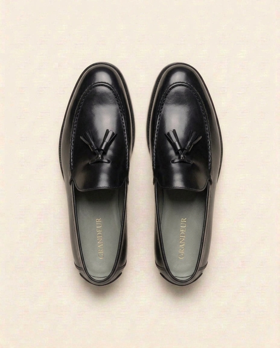 Men’s Black Leather Tassel Loafers – Classic Formal Slip-On Dress Shoes