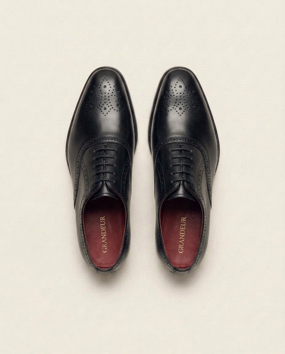 Men’s Black Semi Brogue Oxford Shoes – Classic Formal Leather Dress Shoes