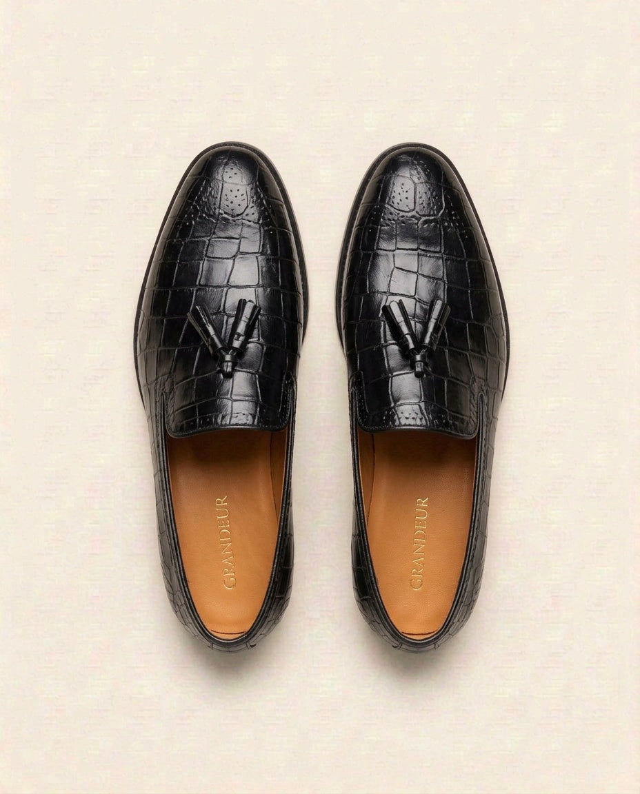 Men’s Croc-Embossed Tassel Loafers – Premium Leather Slip-On Formal Dress Shoes