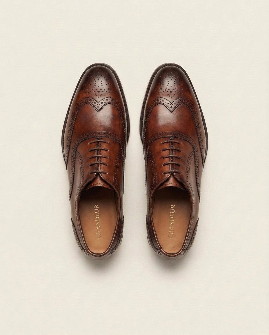 Men’s Burnished Brown Wingtip Brogue Oxford Shoes – Genuine Leather Formal Dress Lace-Up Shoes