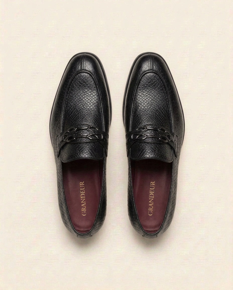 Black Textured Leather Loafers for Men – Exotic Pattern Formal Slip-On Shoes